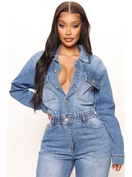 Sexy Front Open Jumpsuit Long Sleeve Elastic Waist Cotton Jeans