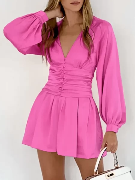 Lantern Mini Dress Women Long Sleeve V Neck High Waist Pleated