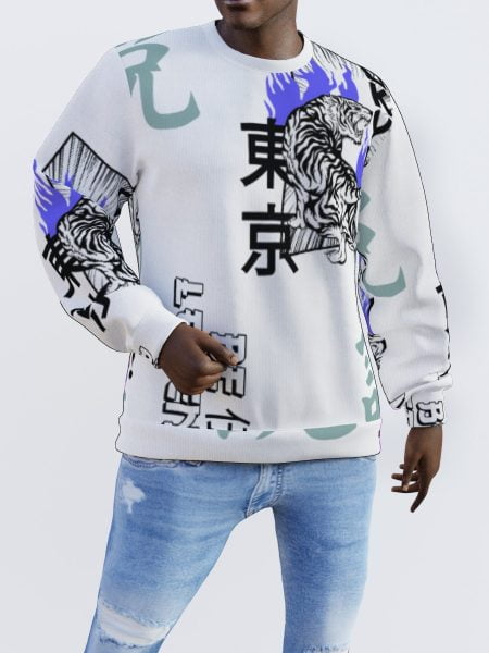 Asian Print Men Sweater Tiger Knitted Streetwear