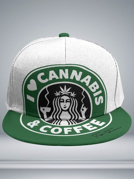 Cannabis & Coffee Snapback Baseball Cap With Flat Brim