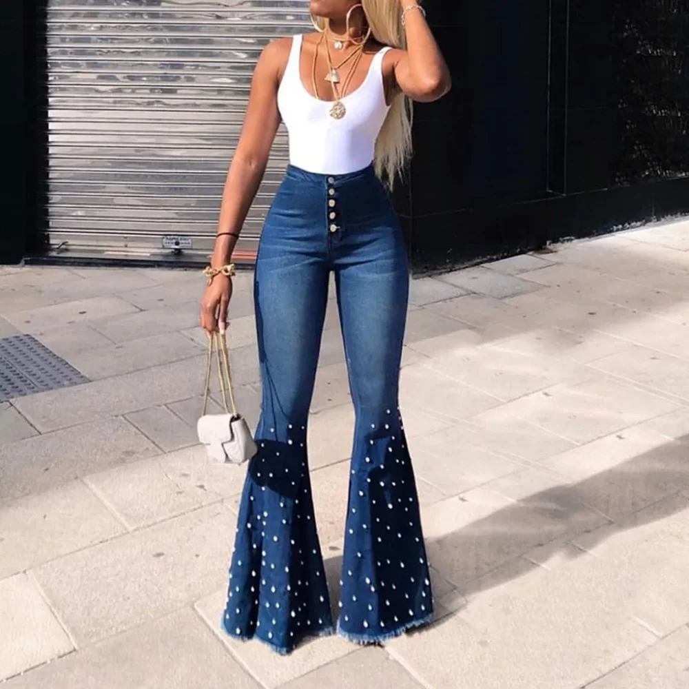 Denim Jeans For Women Plus Size High Waist Button Tassel Pants Trousers Bell-Bottom Loose Straight Leg