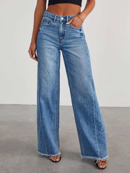 Denim Straight Leg Pants Women's Mid Waist Loose Jeans