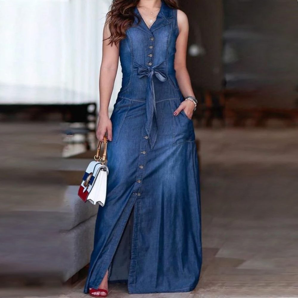 Denim Tank Maxi Dress Women Fashion Plain Lapel Collar Light Washed Bow Sleeveless Beach Sundress Oversized Loose Dress