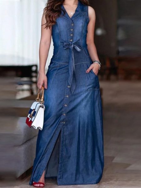 Denim Tank Maxi Dress Women Fashion Plain Lapel Collar Light Washed Bow Sleeveless Beach Sundress Oversized Loose Dress