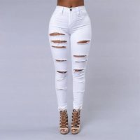 Elastic Trousers Pencil Pants Ripped Denim Skinny Jeans New Spring Summer Black and White Fashion Sexy