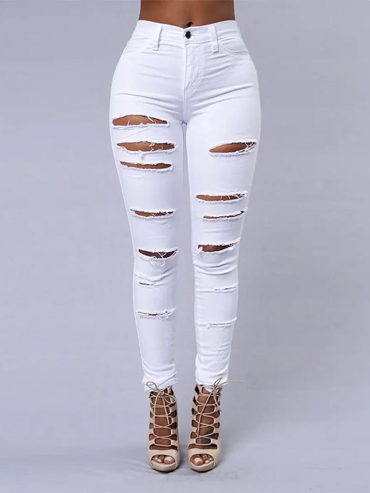 Elastic Trousers Pencil Pants Ripped Denim Skinny Jeans New Spring Summer Black and White Fashion Sexy