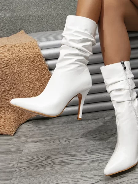 Pleated Leather Boots Pointed Toe Zip Thin High Heels