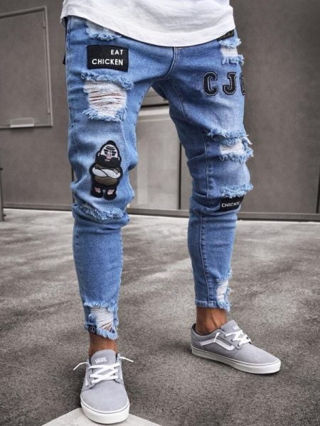 Embroidery Men Skinny Jeans Stretch Distressed Biker Print Jeans