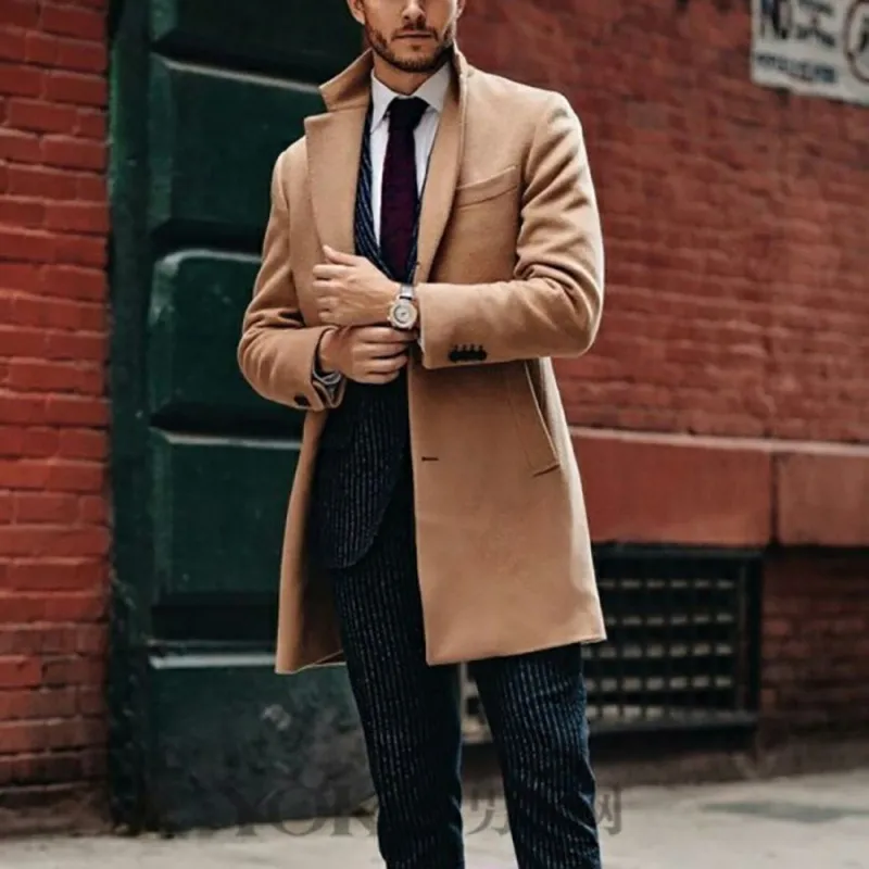 Mid-Length Men Coat Long-Sleeve Woolen