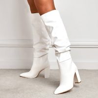 Pleated Leather Long Boots White Knee High Shoes