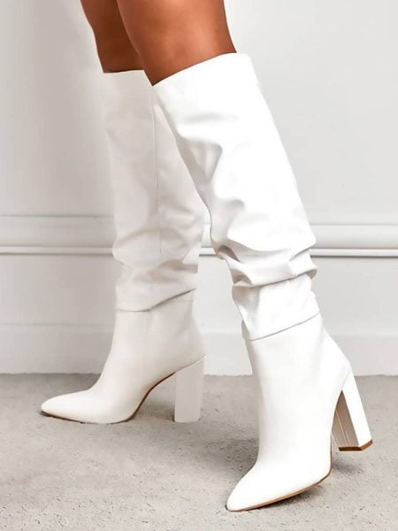 Pleated Leather Long Boots White Knee High Shoes