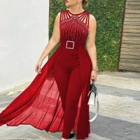 Rhinestone Jumpsuit with Belt Women Sexy Round Neck Sheer Mesh