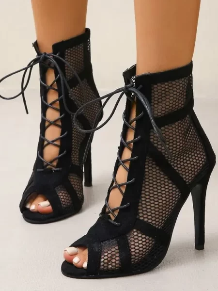 Sexy High Heel Mesh Lace-Up Peep Toe Net Fabric