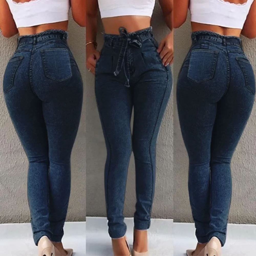 Women Denim Jeans High Waisted Lace-Up Denim Trousers Slim Stretch 90s Vintage Clothes
