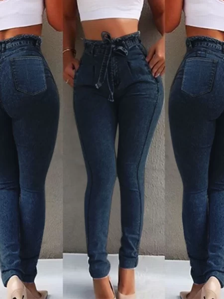 Women Denim Jeans High Waisted Lace-Up Denim Trousers Slim Stretch 90s Vintage Clothes