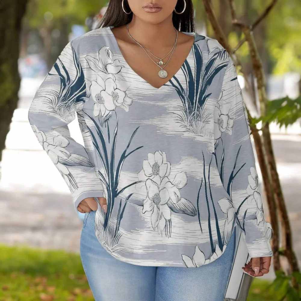 V-Neck T-Shirt Floral Design Top Stunning Women With Curved Hem(Plus Size)