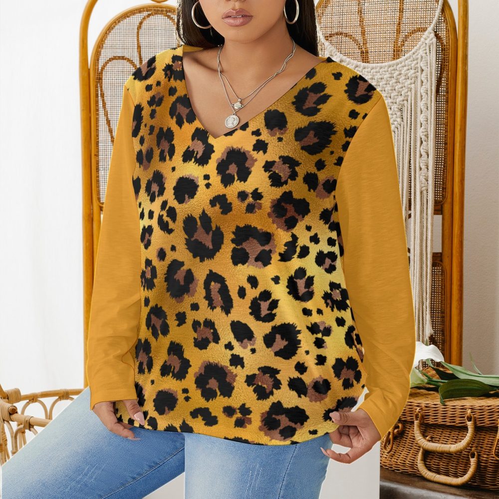 Women Leopard V-neck T-Shirt With Curved Hem Plus Size