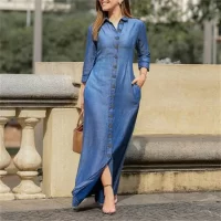 Women Denim Maxi Dress Long Sleeve Buttons Shirt