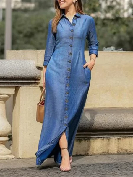 Women Denim Maxi Dress Long Sleeve Buttons Shirt