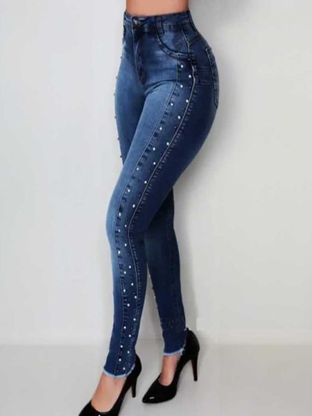 High Waist Denim Skinny Pencil Pants Women Beaded Jeans