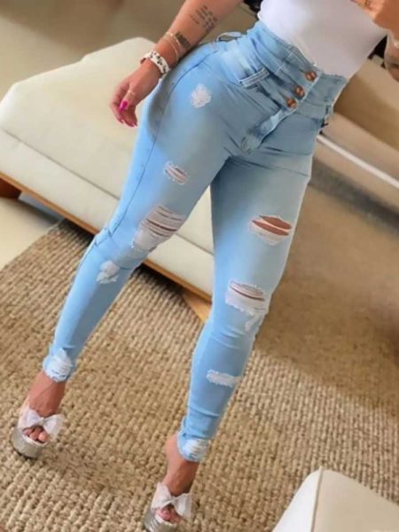 Ripped Skinny Jeans Pants Denim Women High Waist