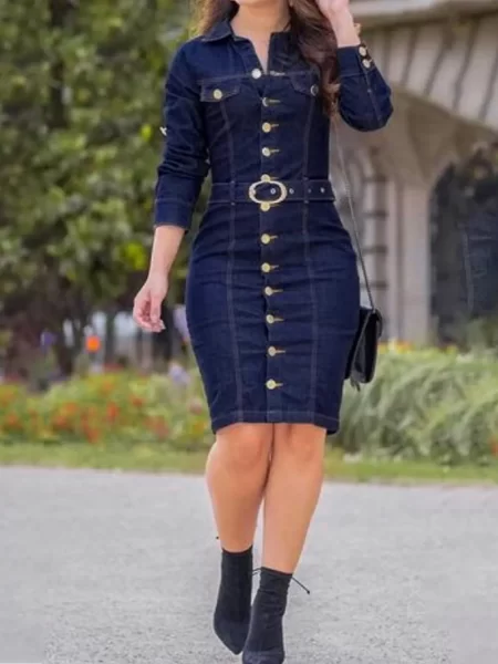 Casual Midi Dress Denim Women Sexy Multi Button