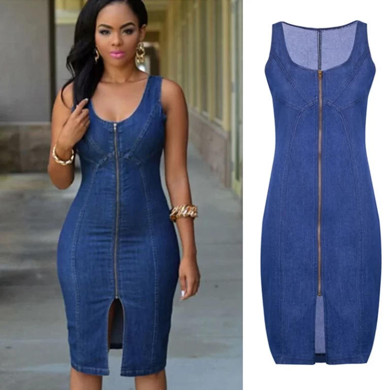 Summer-Women-2023-Skinny-Denim-Dress-Front-Split-Zip-Up-Patchwork-Oneck-Camisole-Tank-Knee-Length-2