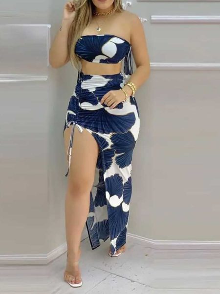 Ginkgo Print Bandeau Sets Crop Top & Drawstring High Slit Skirt Trend Set