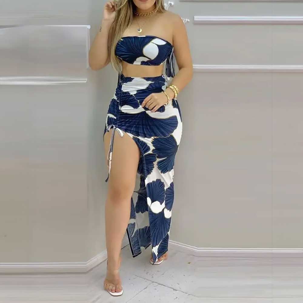 Ginkgo Print Bandeau Sets Crop Top & Drawstring High Slit Skirt Trend Set