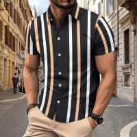 Vertical striped lapel shirt Men's slim summer casual fashion