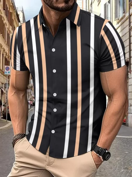 Vertical striped lapel shirt Men's slim summer casual fashion