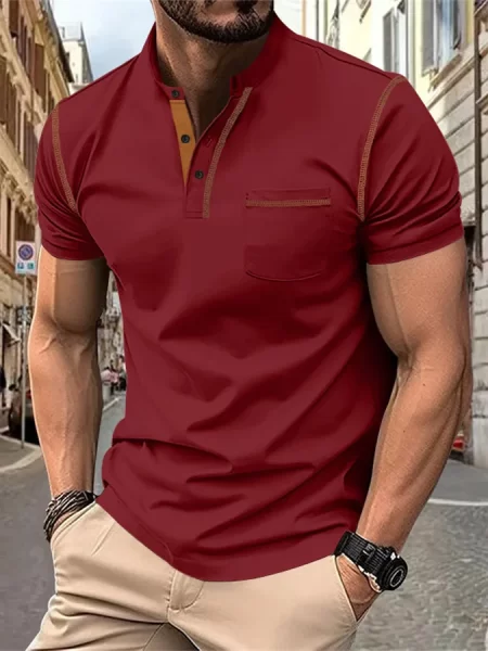 O-Neck Short Sleeve T-Shirt Men Patchwork Henley