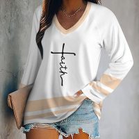 Faith V-neck Casual T-shirt Loose Long Sleeve