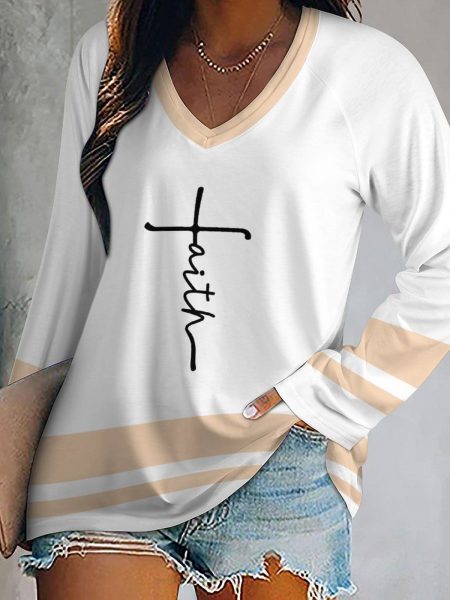 Faith V-neck Casual T-shirt Loose Long Sleeve