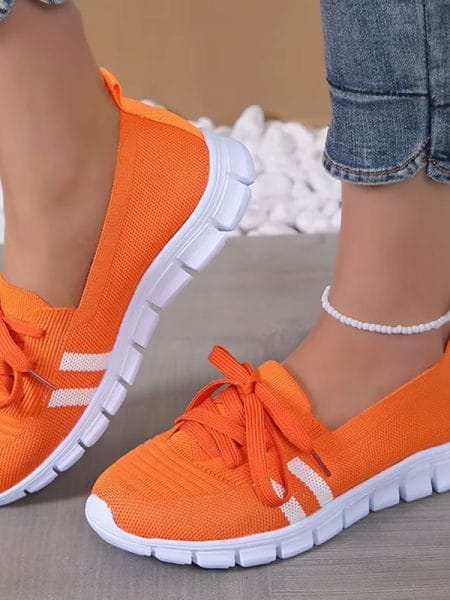 Mesh Knitted Striped Flats Shoes for Women 2024 Summer Lace Up Casual Sneakers Woman Breathable Soft Sole Loafers