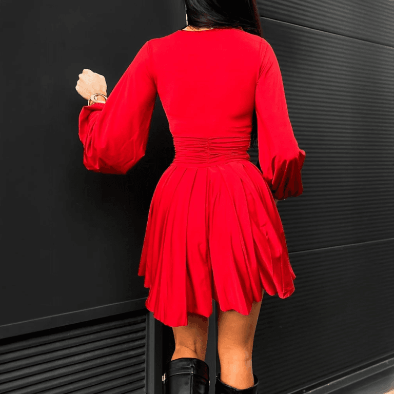 Lantern Sleeve Mini Dress Button Short Skirt Women Elegant-5