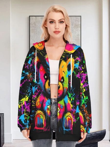 Paint Splash Bear Hoodie Women Attractive Long With Zipper Closure