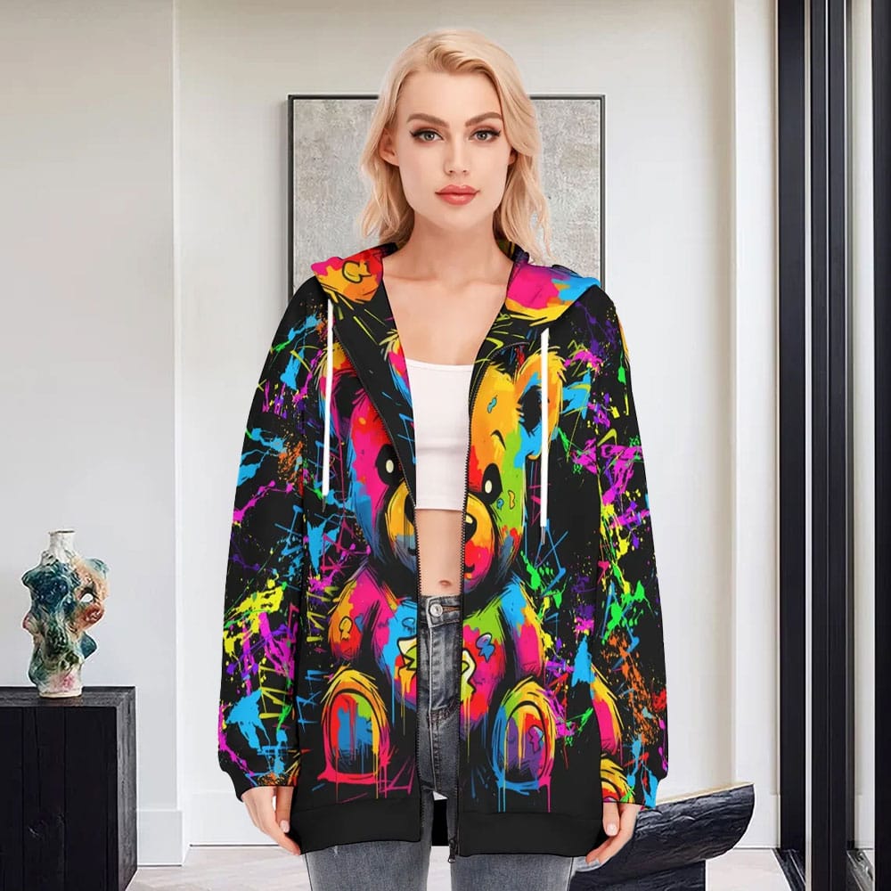 Paint Splash Bear Hoodie Women Attractive Long With Zipper Closure