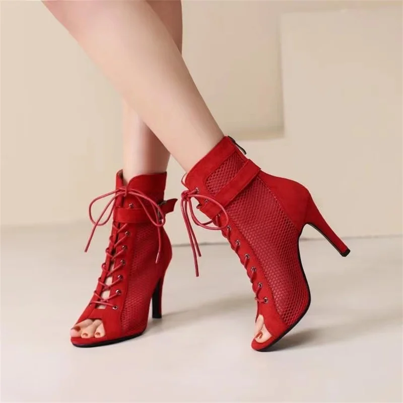 Hollow Out High Heel Mesh Boots Women Sexy Peep Toe