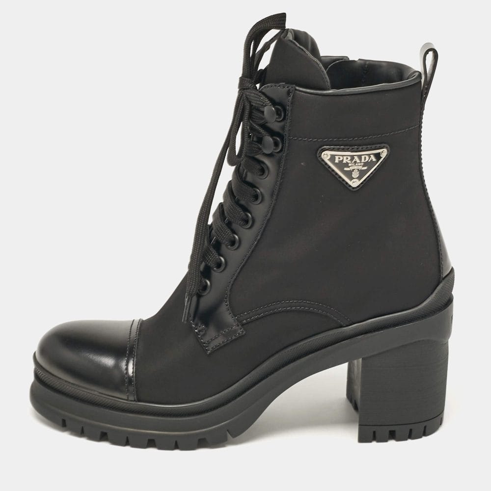 Prada Black Leather and Nylon Combat Boots Size 38