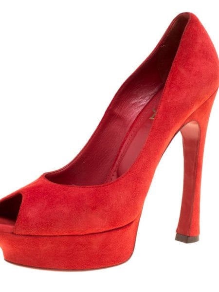 Saint Laurent Red Suede Palais Platform Peep Toe Pumps Size 40