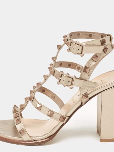 Valentino Metallic Beige Leather Rockstud Ankle Strap Sandals Size 35