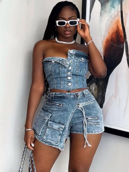 Denim Stretch Fashion Set Streetwear Adorable Shorts and Tube Tops