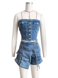 Denim Stretch Fashion Set Streetwear Shorts and Tube Tops