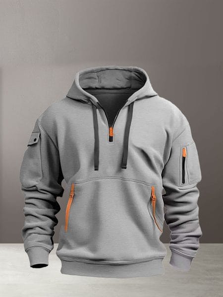 Zipper Fleece Hooded Sweatshirt Multi Pocket Casual Shirt