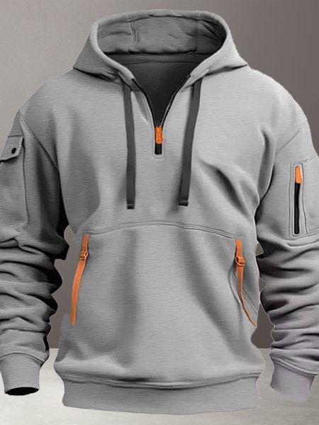 Zipper Fleece Hooded Sweatshirt Multi Pocket Casual Shirt