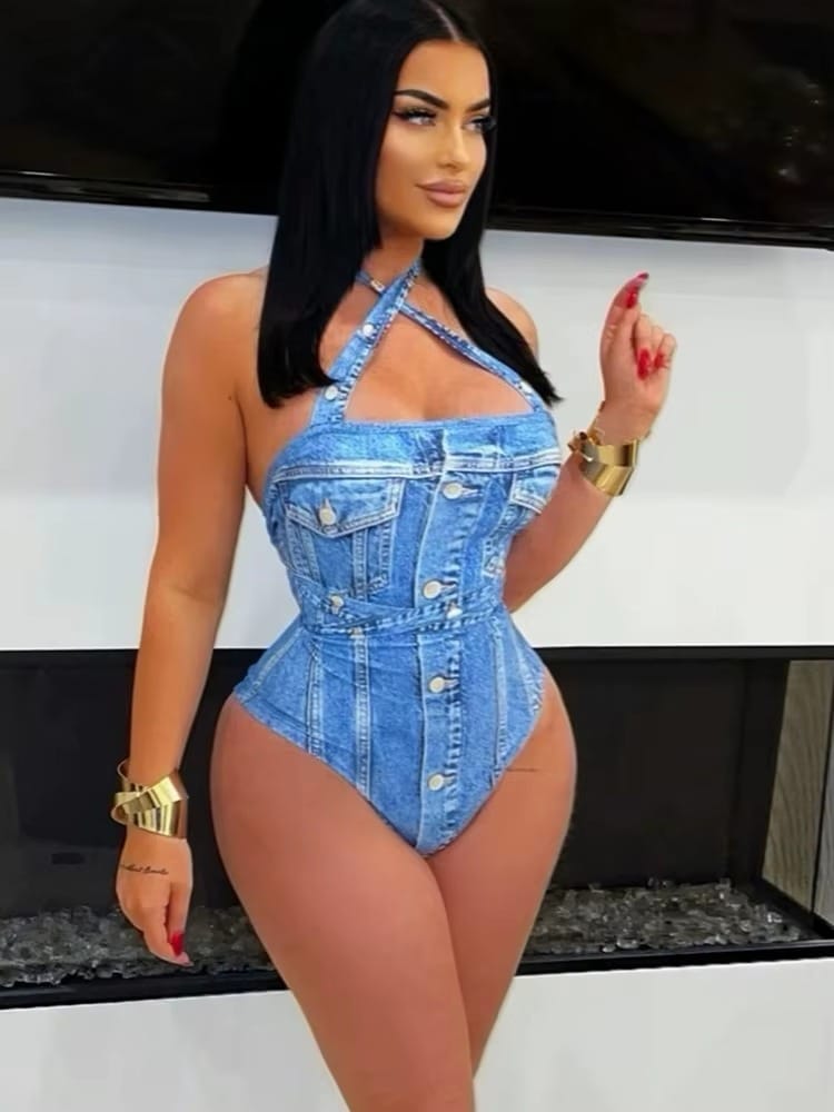 Beautiful Blue Denim Outfit Print Monokini Skirt Set Two-Piece