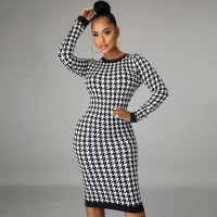 Hollow Out Bodycon Midi Dress Houndstooth Print Women