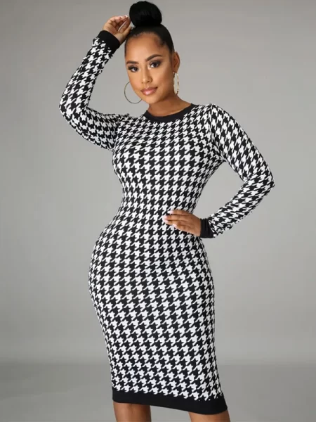 Hollow Out Bodycon Midi Dress Houndstooth Print Women