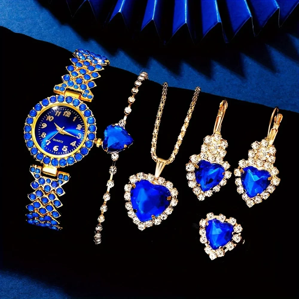 Elegant Rhinestone Jewelry Set 6pcs/set Women's Wrist Watch & Synthetic Gem Valentines Quartz Watch Blue Fashion